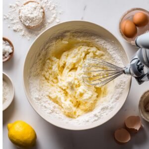 A mixing bowl filled with butter and sugar being creamed together with flour around, eggs, and a lemon on the counter.