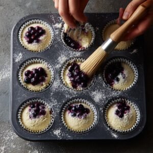 Fresh blueberries being placed into raw cupcake batter in a muffin tin, dusted with flour.