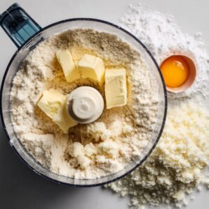 "Food processor filled with flour, butter cubes, and an egg yolk, ready to make tart pastry."