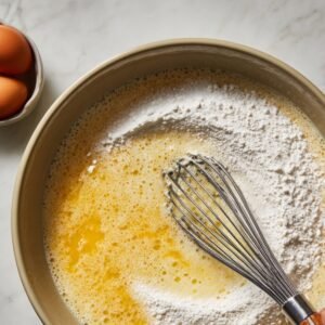 "Golden pancake cooking in a pan while syrup drizzles over the top, showing the cooking stage of mango pancakes."