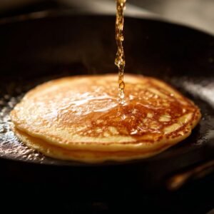 "Whisking flour, eggs, and melted butter together in a mixing bowl to create pancake batter for mango pancakes."