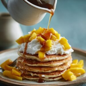"Step-by-step preparation of homemade mango pancakes with ripe mango chunks, pancake batter, and sweet toppings."