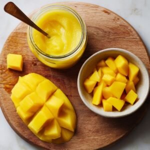 "Stack of fluffy pancakes topped with fresh mango chunks, whipped cream, and syrup being poured from a jug."