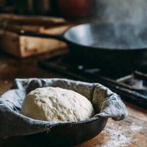 A round ball of naan dough resting in a cloth-lined bowl on a wooden surface, skillet steaming in the background.