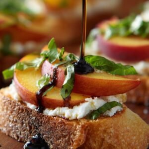 Close-up of peach bruschetta with sliced peaches, goat cheese, basil, and balsamic glaze being drizzled over the top.