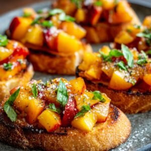 Toasted baguette slices topped with diced fresh peaches, basil leaves, cracked pepper, and flaky salt on a gray plate.