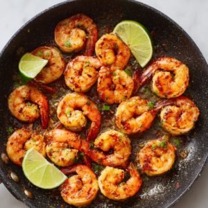 A skillet filled with golden, pan-seared shrimp garnished with herbs and lime wedges.