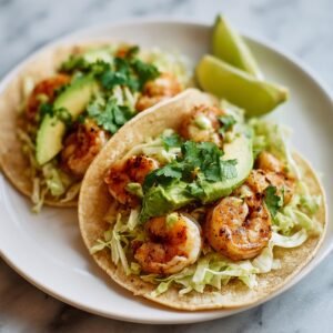 Two shrimp tacos on a white plate, topped with cabbage, avocado slices, cilantro, and lime wedges in the background.