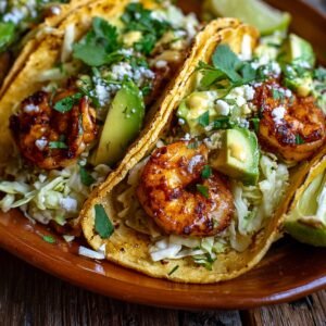 Two shrimp tacos on a clay plate, filled with grilled shrimp, shredded cabbage, avocado chunks, cilantro, and crumbled cheese, with lime wedges on the side.