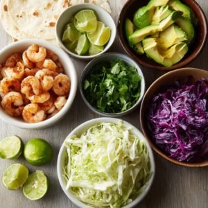 Ingredients for shrimp tacos laid out in bowls, including shrimp, avocado, cilantro, shredded green and purple cabbage, lime wedges, and tortillas.