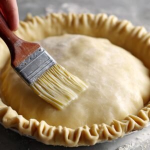 A hand using a pastry brush to coat a sealed pie crust with melted butter before baking.
