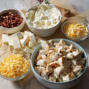 An overhead view of all the prepared ingredients for buffalo chicken dip, including cooked chicken, cream cheese, shredded cheese, and bacon bits.