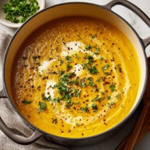 A pot of creamy butternut squash soup garnished with fresh parsley, cracked black pepper, and a swirl of cream.