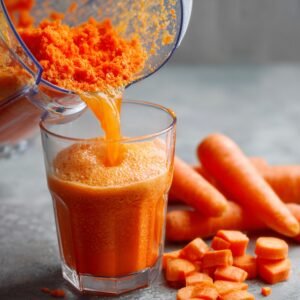 A blender jug pouring frothy carrot juice into a glass, surrounded by chopped carrot pieces and whole carrots.