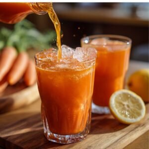 A bright orange juice poured from a bottle into a glass filled with ice cubes, with fresh carrots and half a lemon in the background.