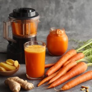 A tall glass of carrot juice placed beside a blender, fresh carrots with greens, ginger roots, and a jar of carrot puree.