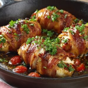 Chicken rolls wrapped in crispy bacon, garnished with fresh parsley and cherry tomatoes, sizzling in a cast-iron skillet.
