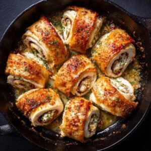 Golden-brown chicken rollatini in a cast-iron skillet, stuffed with cheese and herbs, garnished with parsley.