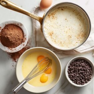 Overhead view of ingredients for chocolate custard: whisked egg yolks, milk mixture, cocoa powder, and chocolate chips ready to combine.