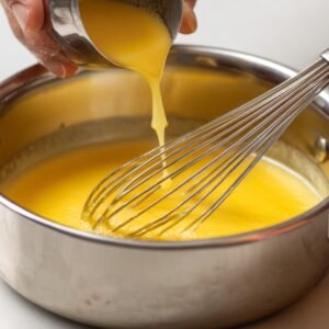 Hot liquid being slowly poured into beaten egg yolks in a saucepan while whisking to temper the mixture.
