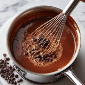 A saucepan of warm chocolate custard with chocolate chips melting in as a whisk stirs the mixture.