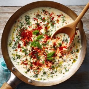 A skillet of creamy corn sauce topped with paprika, fresh herbs, and drizzles of oil, with a wooden spoon resting in the pan.