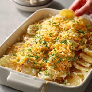 "Unbaked au gratin potato casserole in a white ceramic dish with layers of sliced potatoes, shredded cheese, chopped chives, and seasoning."