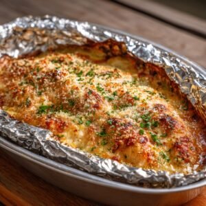"Golden brown baked creamy au gratin potatoes in a foil-lined dish, topped with melted cheese, herbs, and breadcrumbs."