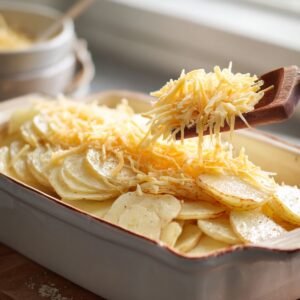 "Thinly sliced raw potatoes in a casserole dish being topped with shredded cheese using a wooden spoon."