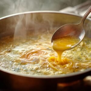 A spoon drizzling beaten egg into a steaming pot of simmering broth, creating silky egg ribbons.