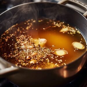A pot of broth simmering with ginger slices, sesame seeds, and seasonings.
