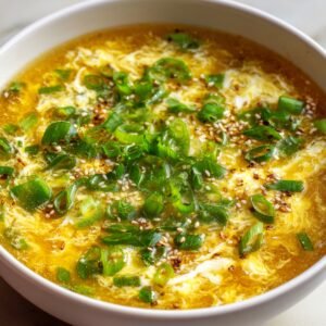 A bowl of golden egg drop soup topped with fresh chopped green onions and sprinkled sesame seeds.