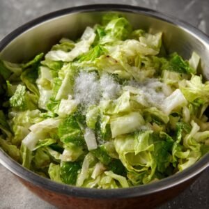 A stainless steel bowl containing chopped lettuce mixed with coarse salt, likely in preparation for making a fresh salad or kimchi. The salt is sprinkled on top of the greens, which have begun to wilt slightly.