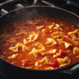 A pot of lasagna soup simmering on the stove, with farfalle (bowtie) pasta floating in the tomato broth.