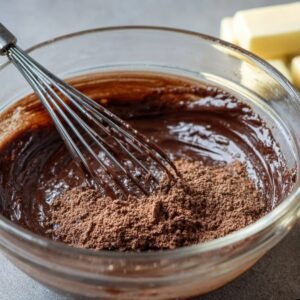 "Thick chocolate lava cake batter being whisked in a glass bowl with added cocoa powder and butter in the background."