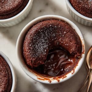 "Warm molten chocolate lava cake in a white ramekin with a gooey center and dusted with powdered sugar."