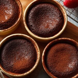 "Freshly baked chocolate lava cakes in ramekins with a cracked surface, cooling on a wooden surface."