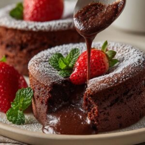 "Decadent molten chocolate lava cake with a flowing chocolate center, garnished with powdered sugar, fresh strawberries, and mint leaves, while a spoon drizzles warm chocolate sauce on top."