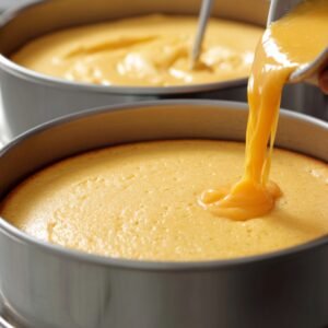 Cake batter being poured into greased baking pans, ready for baking.