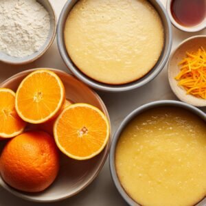 Orange cake ingredients on a table: halved oranges, flour, zest, vanilla, and filled pans.