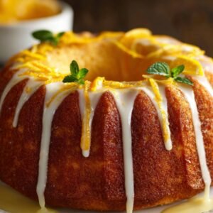 Bundt-style orange cake drizzled with glaze, topped with candied orange zest and fresh mint leaves.