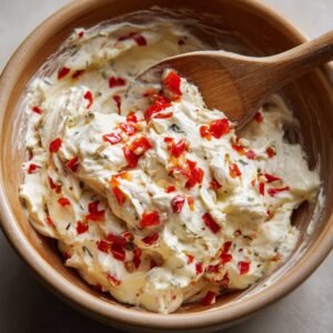 A wooden bowl of cream cheese mixed with diced red pimentos and herbs, stirred with a wooden spoon.