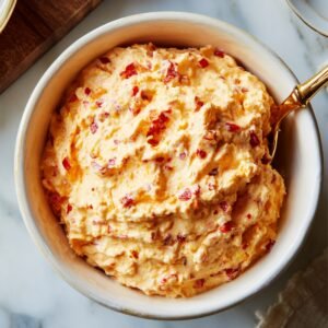 A bowl of pimento cheese spread mixed with chopped pimentos, creamy and ready to serve, with a golden spoon in it.