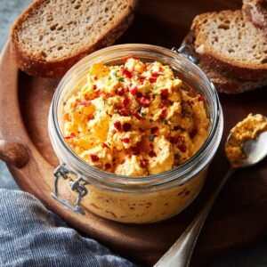 A glass jar filled with creamy pimento cheese spread topped with chopped pimentos and herbs, placed on a wooden tray with slices of bread and a spoon on the side.