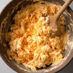 A mixing bowl filled with grated cheddar cheese and cream cheese blended together, showing a chunky texture with a wooden spoon inside.