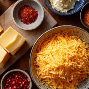 "A rustic wooden table with bowls and plates of pimento cheese ingredients, including a large bowl of shredded cheddar cheese, cubes of block cheddar, chopped red pimentos, creamy cheese spread, and small bowls of red spices."