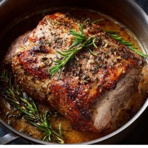 "Slow-cooked pot roast in Dutch oven with rosemary and thyme in rich beef broth."