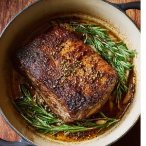 "Golden-browned chuck roast seared in Dutch oven with fresh rosemary sprigs and pan drippings."
