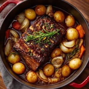"Braised beef pot roast with baby potatoes, carrots, and onions in a red Dutch oven, garnished with rosemary and thyme."