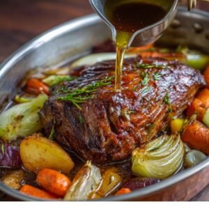 "Juicy pot roast with carrots, onions, and potatoes in a roasting pan while hot gravy is poured over the beef."